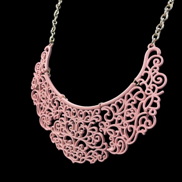 Romantic Pink Filigree Statement Necklace Coquette Royalcore Soft Girl Jewelry - Picture 5 of 7